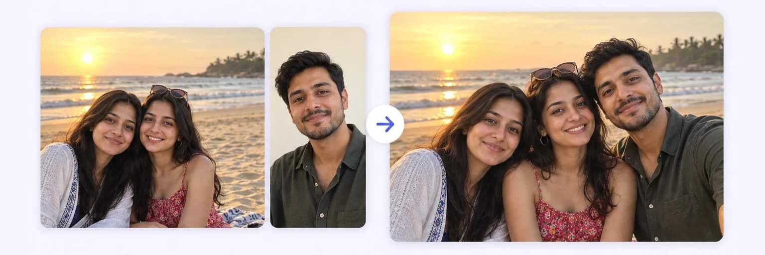 Before and after: a person added into an existing photo with AI, with matching light and shadows