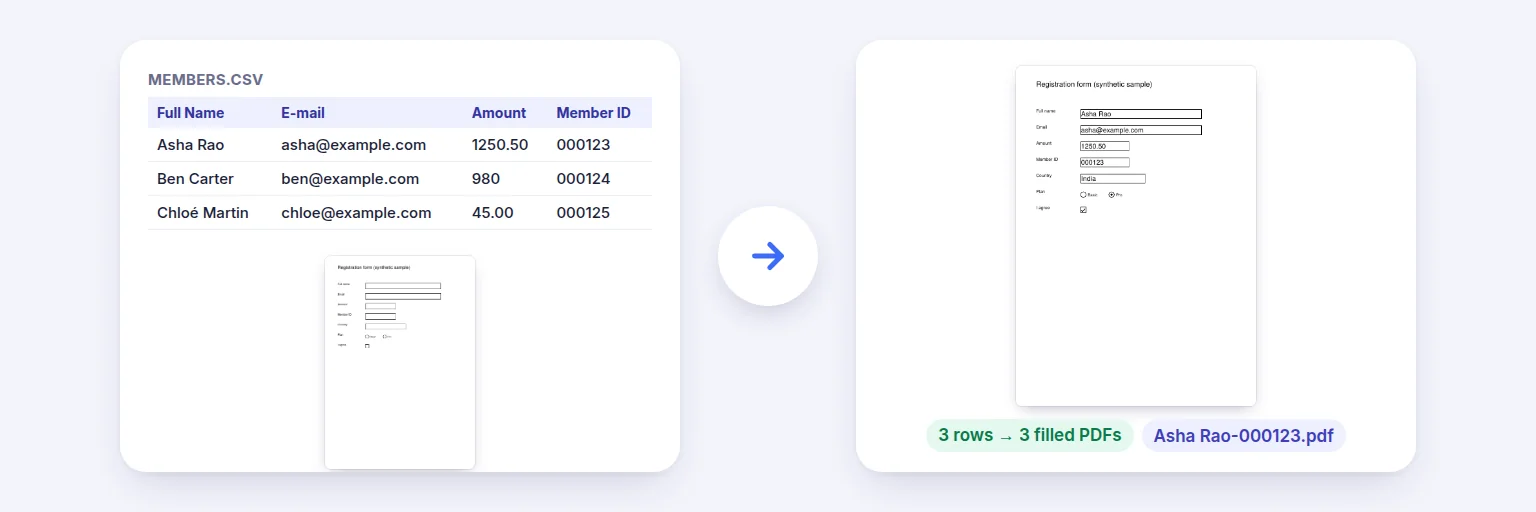 Fill PDF from Excel — a real example made with this tool from sample files
