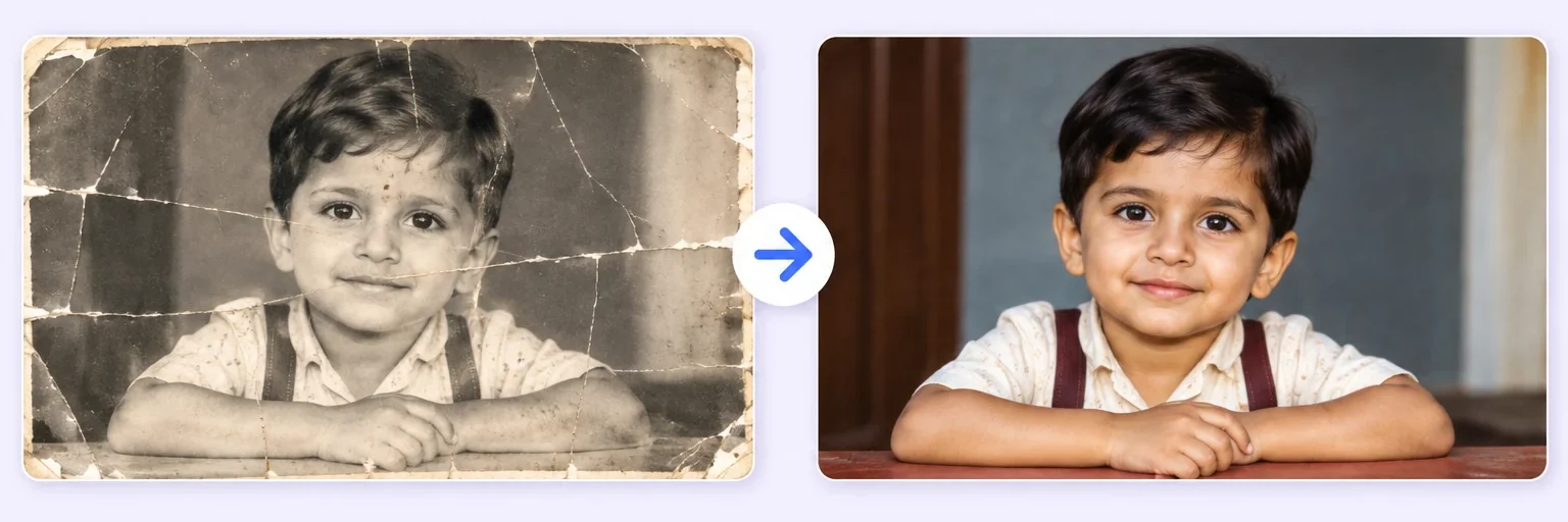 Before and after: an old faded photo restored and merged with a new photo into one picture with AI