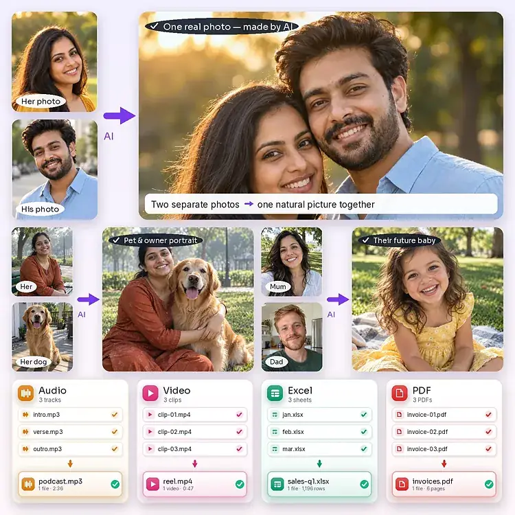 What AIMerger does: her photo and his photo merged by AI into one real photo of them together; a woman and her golden retriever merged into one portrait; two parents turned into a picture of their future baby; plus three audio tracks, three video clips, three Excel sheets and three PDFs each merged into one file