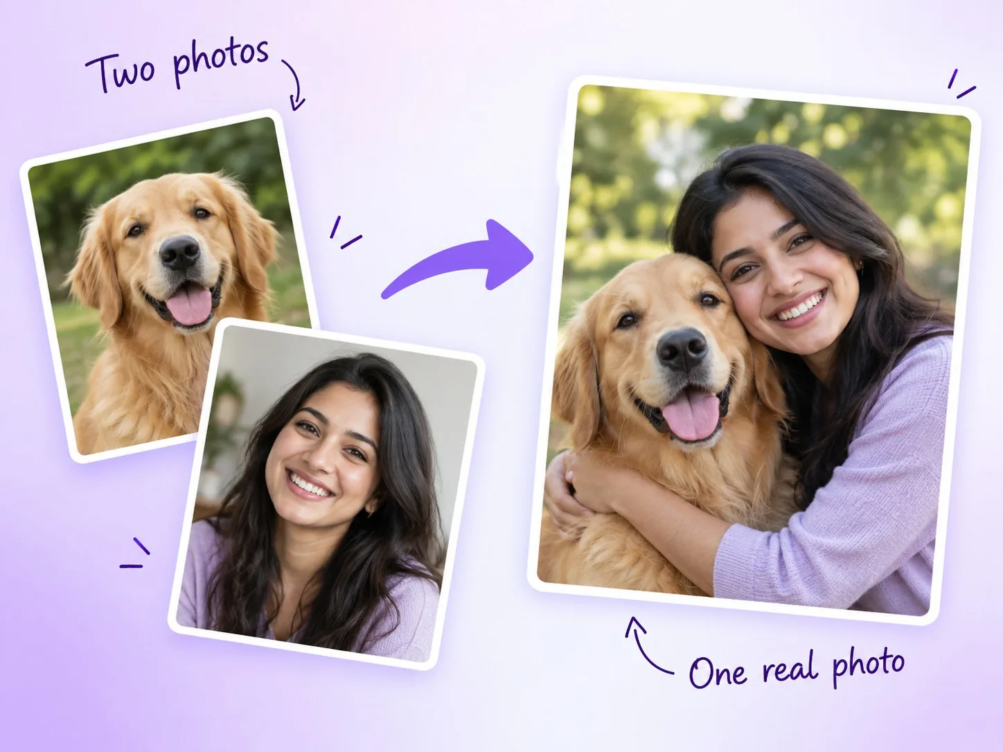 A photo of a golden retriever and a photo of a smiling woman merging into one natural photo of her hugging the dog